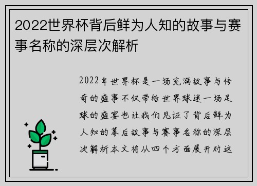 2022世界杯背后鲜为人知的故事与赛事名称的深层次解析