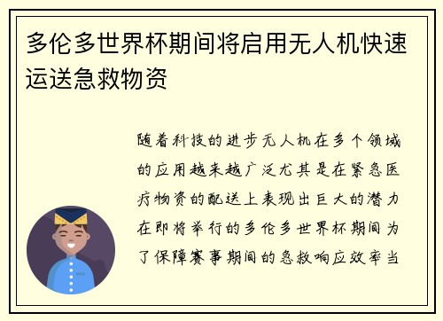 多伦多世界杯期间将启用无人机快速运送急救物资