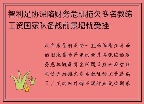 智利足协深陷财务危机拖欠多名教练工资国家队备战前景堪忧受挫